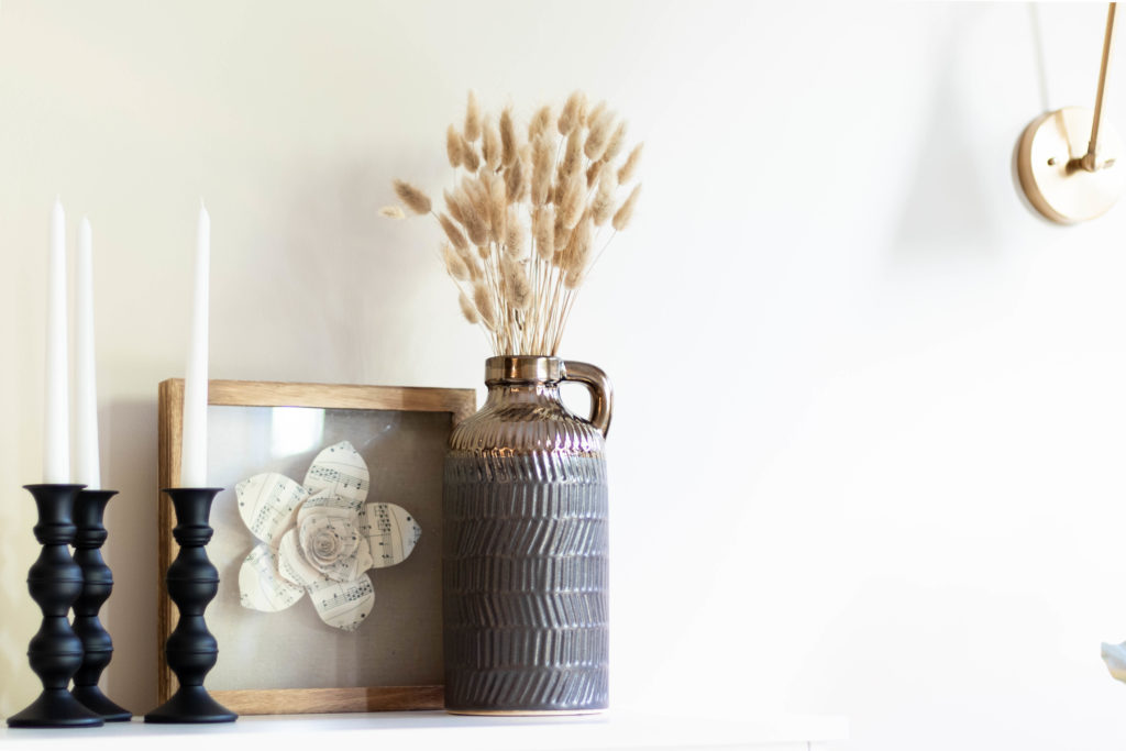 Shelf decor Black taper candleholder and vase with wheat
