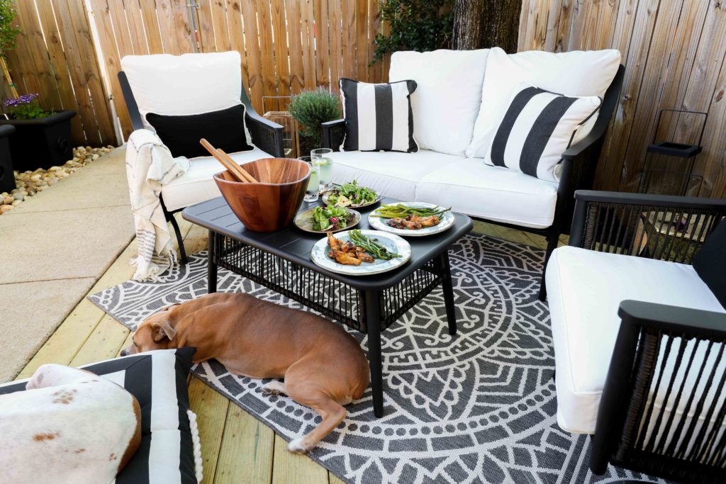Black and white Backyard Decor with Dog