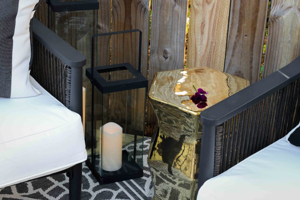Gold Outdoor Stool an Black Outdoor Lantern
