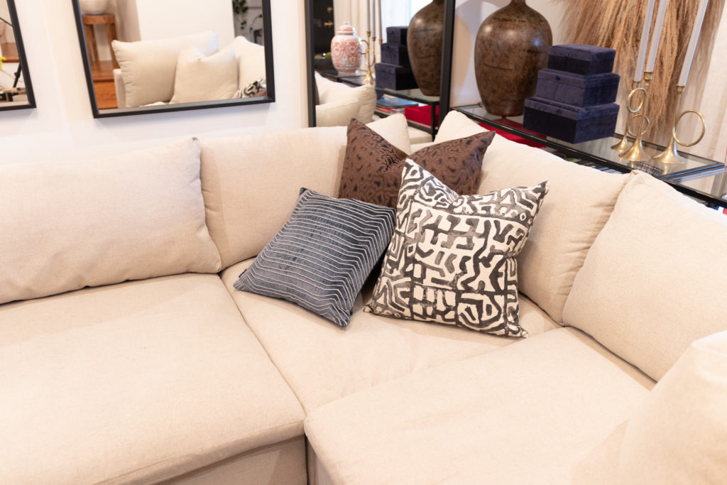 Rashida Banks_The Home Depot_Ballard Designs_Decorative Throw Pillows on Cream Sectional