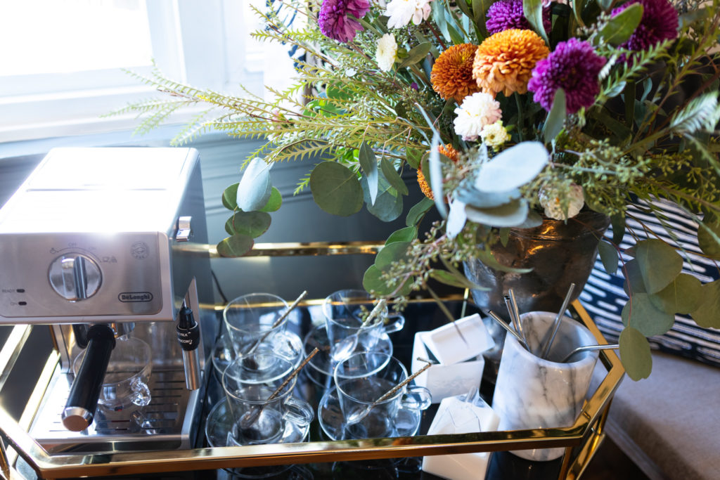 Espresso Gold Bar Cart with glass tea cups and saucers