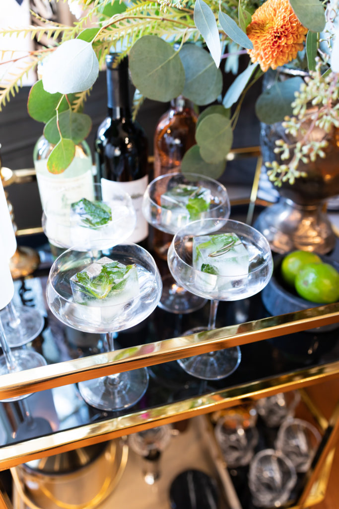 Cocktail glasses with square mint ice cubes from Home Depot on Rashida Banks Blog